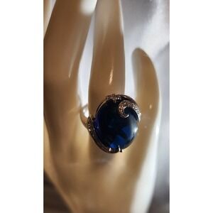 Dark Blue Cabochon Celestial Moon Star Statement Ring Silver Tone Size 7.25